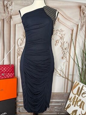 YIGAL AZROUEL- One-Shoulder Black Ruched Evening Dress